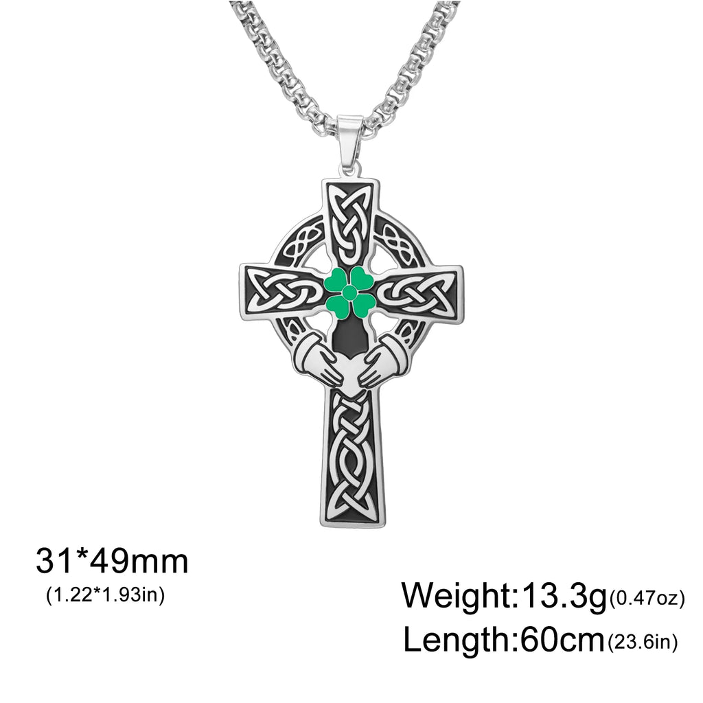 Celtic Cross Shamrock Claddagh Pendant Necklace — Stainless Steel