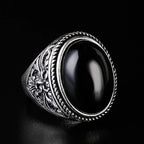 European and American Classical Vintage Black Agate Oval Ring Men's Art Carved Simple Men's Handicrafts