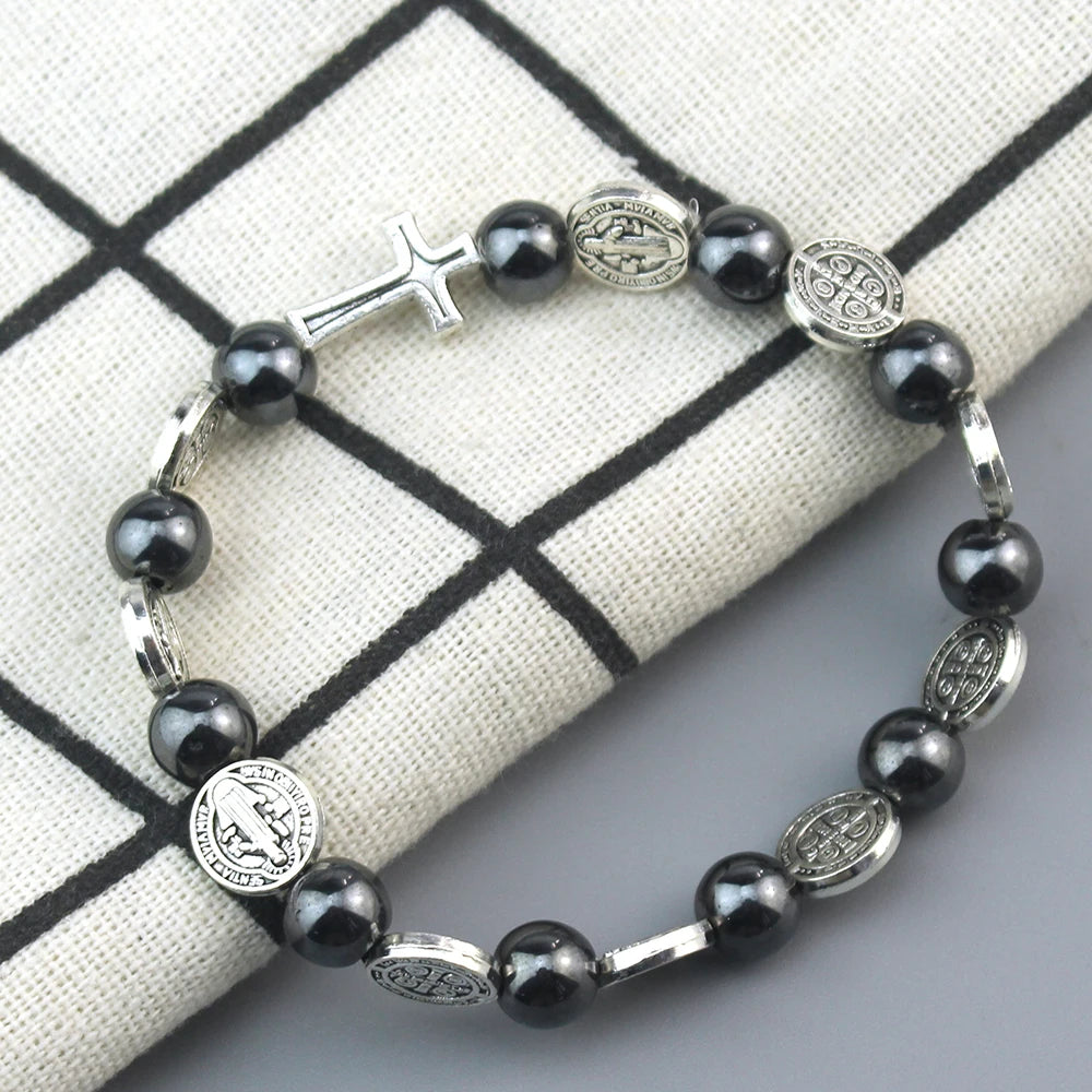 Catholic Rosary Bracelet St. Benedict Medal Cross Prayer Bracelets Hematite Beads Religion Jewelry Accessories Gifts