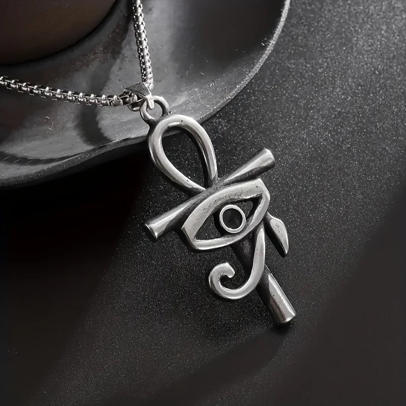 1pc Fashionable Horus Eye Ankh Cross Pendant Necklace, Unisex Amulet Jewelry for Sacred Protection