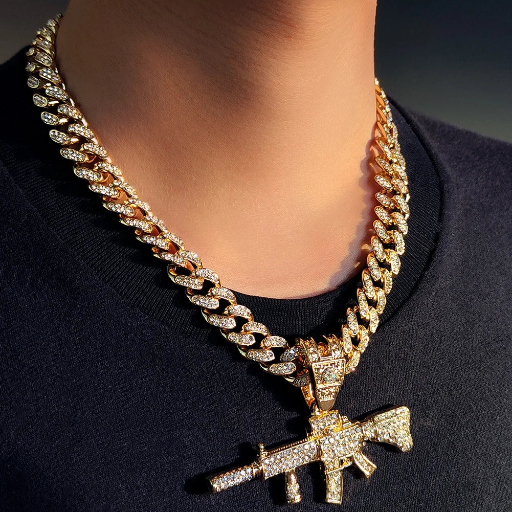 Men Women 14MM Cuban Chain AK47 Gun Pendant Necklace Iced Out AAA Rhinestone Prong Miami Cuban Link Chain Hip Hop