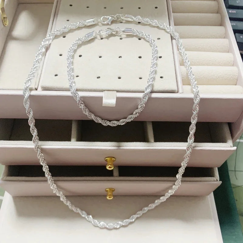 925 Sterling Silver 4mm Chain Male Twisted Rope Necklace Bracelets Fashion Women Men Silver High Quality Jewelry Set