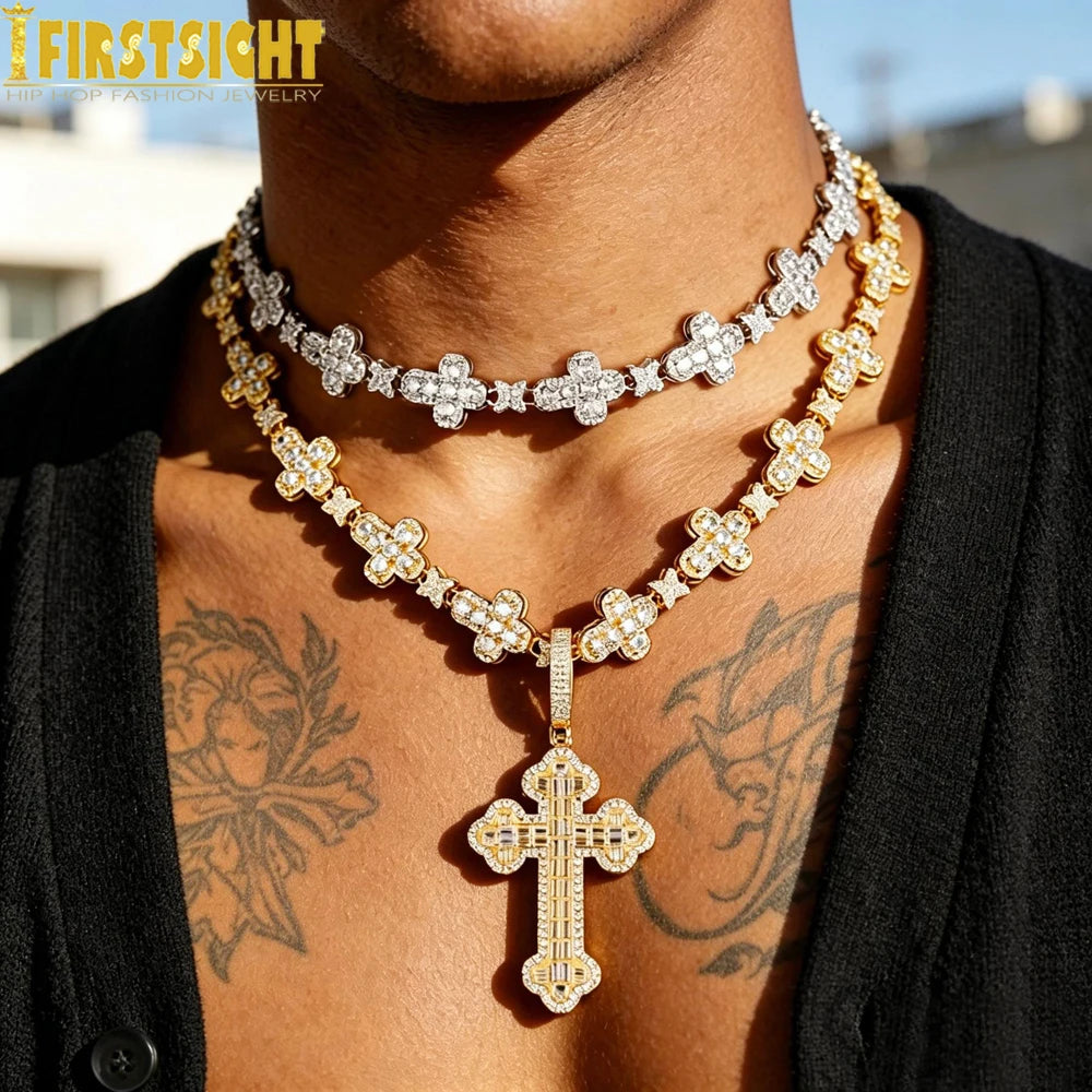 2025 New Iced Out Cross Necklace for Men Women Bling Silver Color Cubic Zirconia Charm Star Link Chain Hip Hop Jewelry