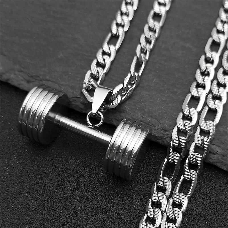 Gym Dumbbell Pendant Necklace — Stainless Steel