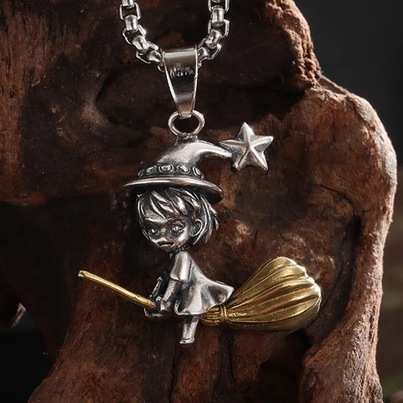 Gold Star Witch Pendant Necklace Retro