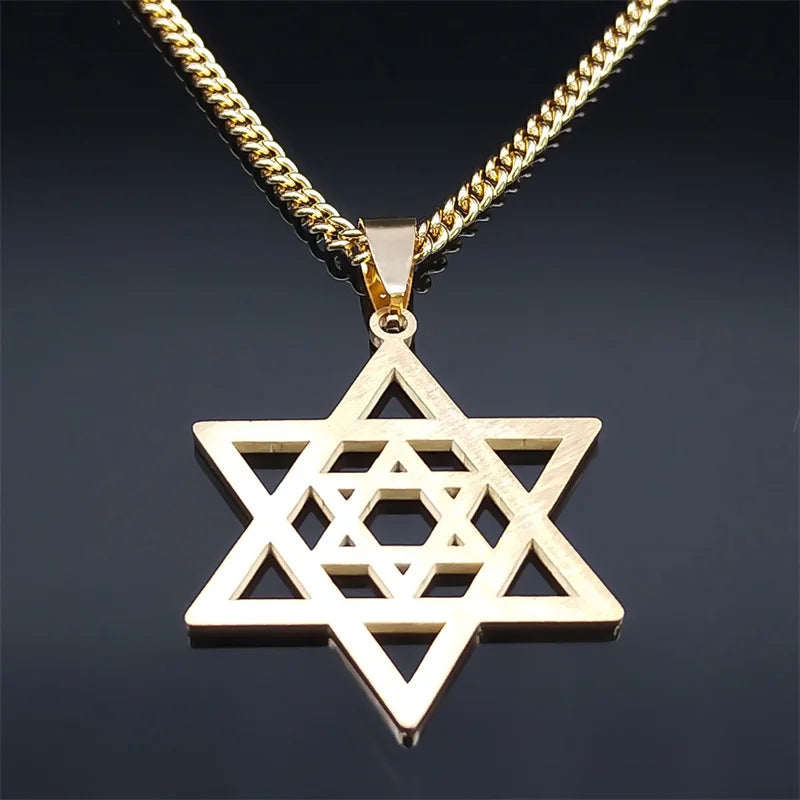 Hip Hop Star Of David Shield Hexagram Pendant Necklace for Men Fashion Stainless Steel Gold Color Chain Star Shape Jewelry Gift