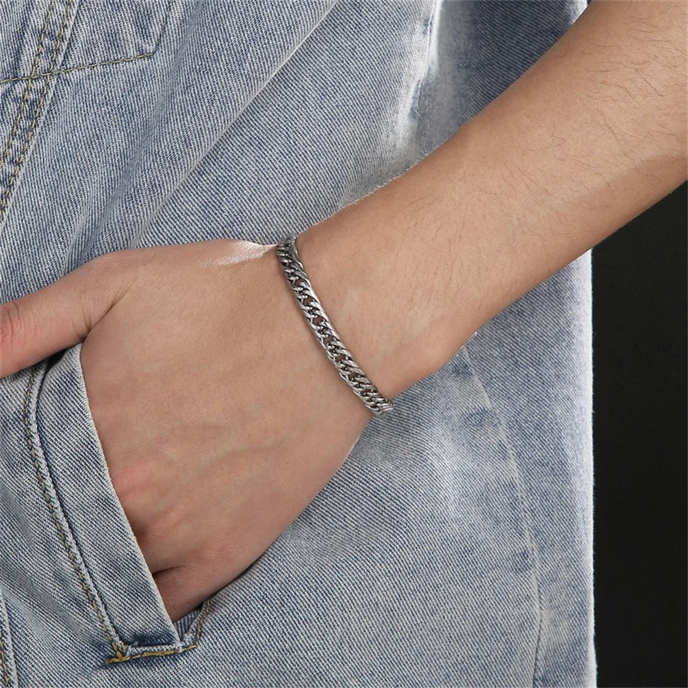 HIGH POLISH Gold Silver Color Cuban Chain Bracelets for Men,Women Stainless Steel Chain Wristband,Causal Simple Jewelry