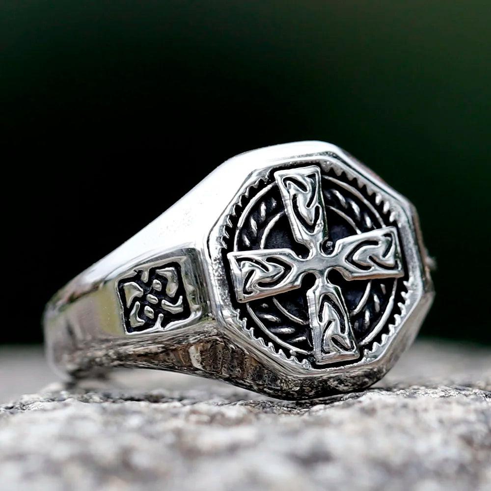 Celtic Cross Knotwork Octagon Signet Ring for Men