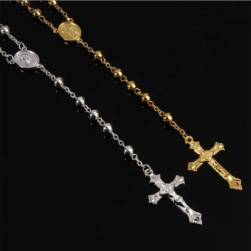 Gold Color Bead Rosary Necklace For Women High Quality Rosary Beautiful Cross Pendant Rose Necklace Jewelry Gift