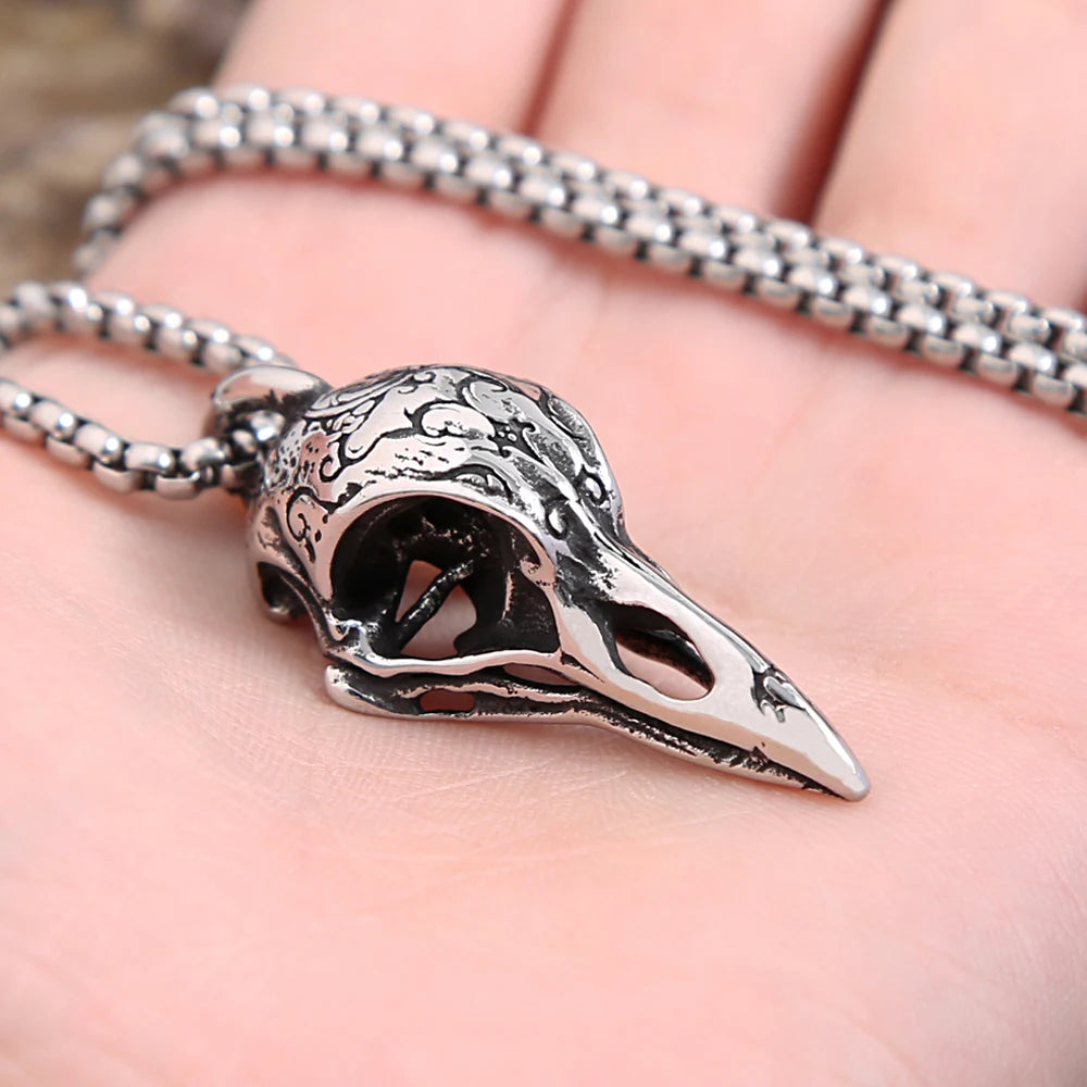 Punk Unique Viking Crow Skull Pendant For Men Vintage Stainless Steel Nordic Animal Necklace Biker Amulet Jewelry