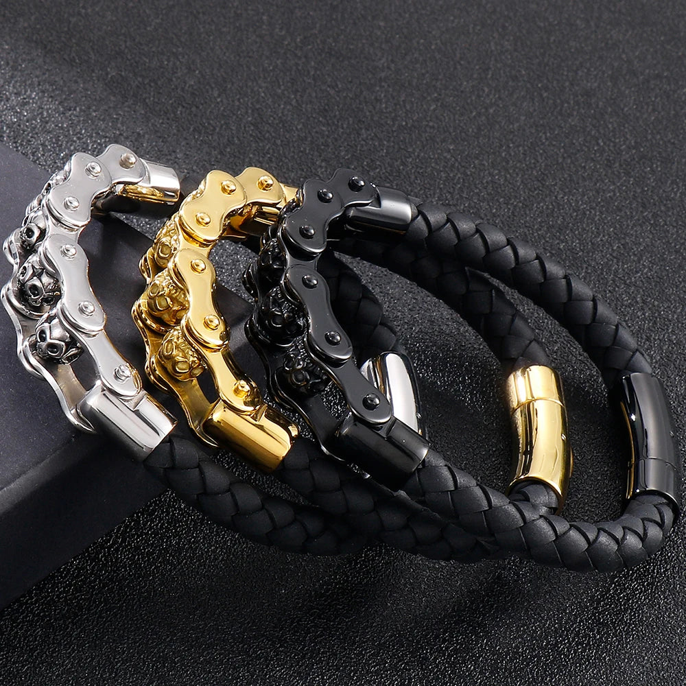 Rotatable Relieve Stress Skull Head Beads Bracelets for Man Punk Gothic Stainless Steel & Leather Motorcycle Biker