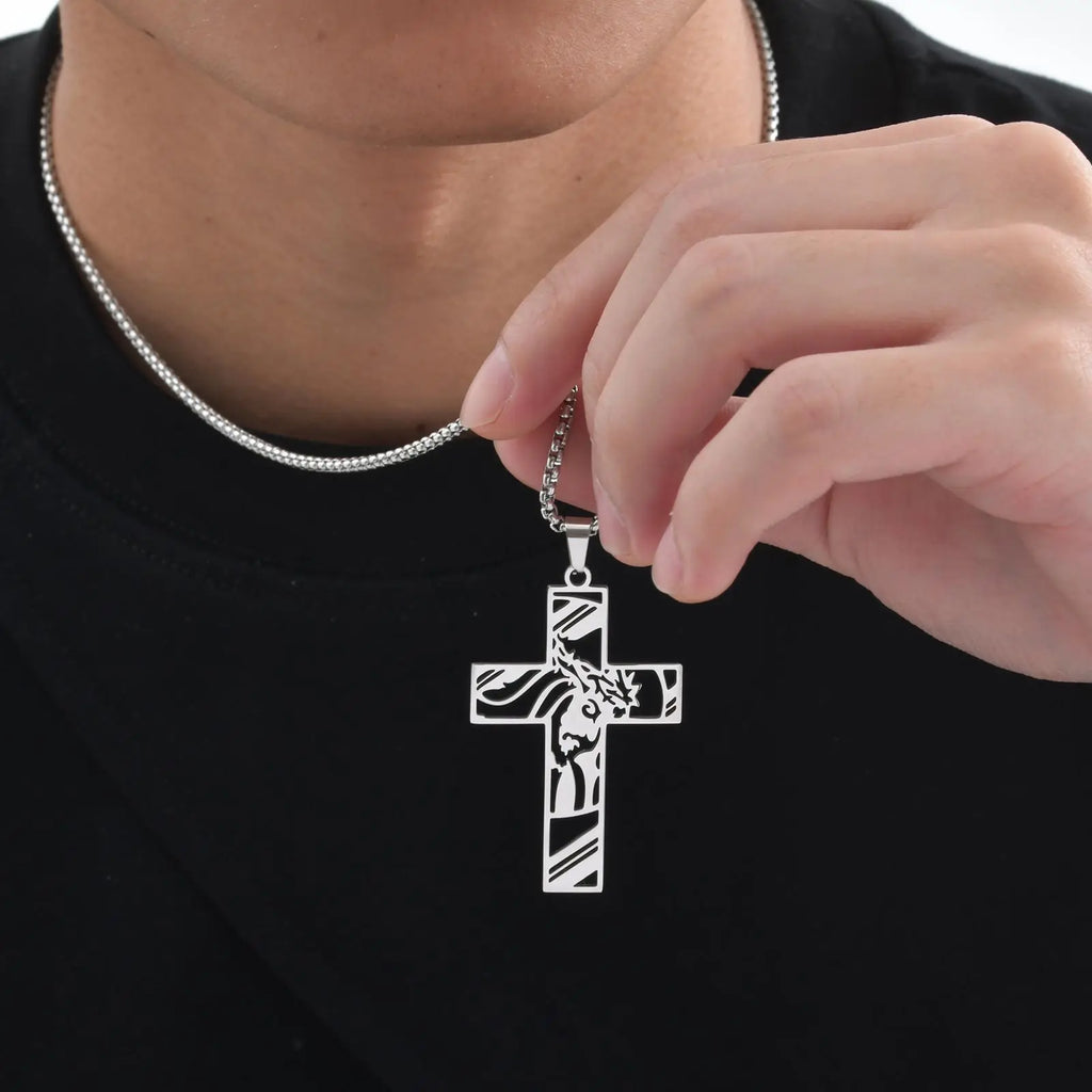 Catholic Jesus Cross Pendant Necklace for Men Women Stainless Steel Long Chain Vintage Necklaces Waterproof Christian Jewelry