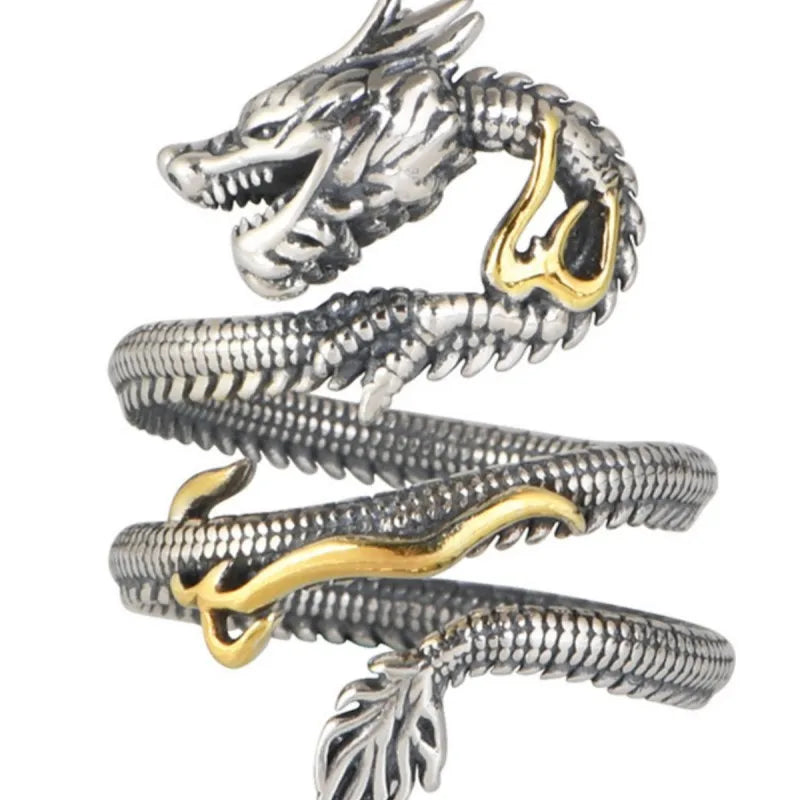 Buyee 925 Sterling Silver Unique Big Ring Elegant Chinese Dragon Open Ring Finger for Men Rock Punk Fine Jewelry Circle