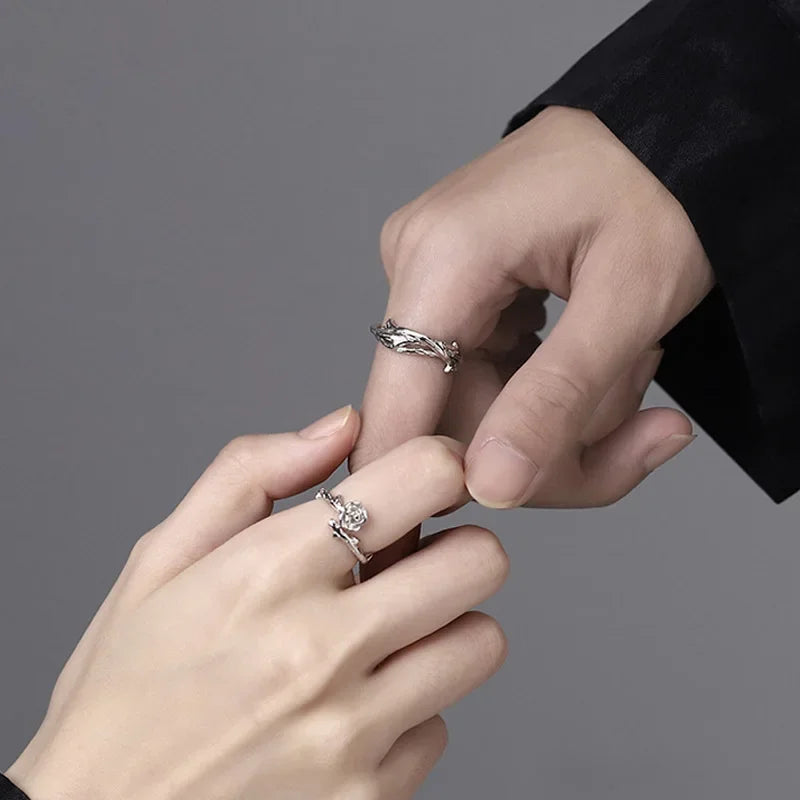 Fashion Goth Double Layer Rose Couple Rings for Men Women Retro Opening Stainless Steel Thorns Punk Finger Ring Jewelry