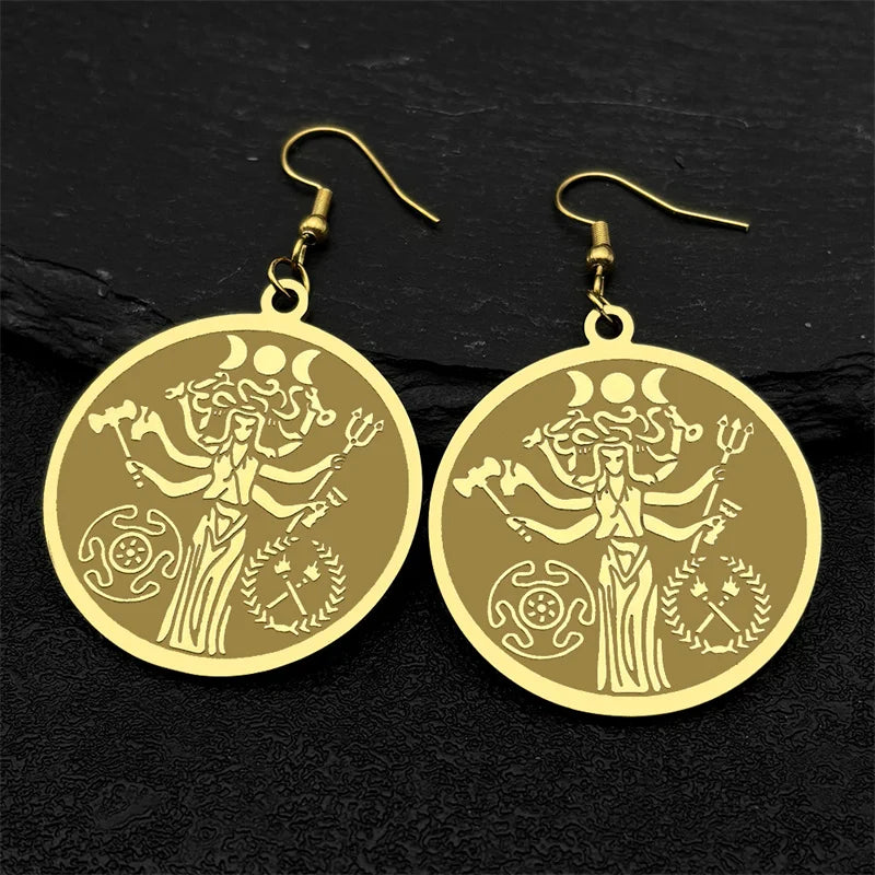 Snake Trident Gold Earrings Wicca Triple Moon
