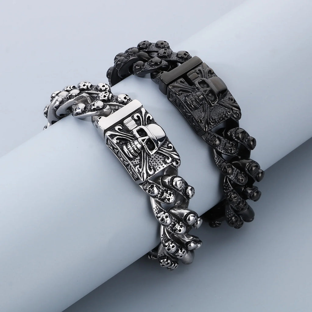 Punk Skull Charm Bracelets For Men Stainless Steel Cuban Chain Men Bangle Bracelet Silver Black Color Skeleton Jewelry