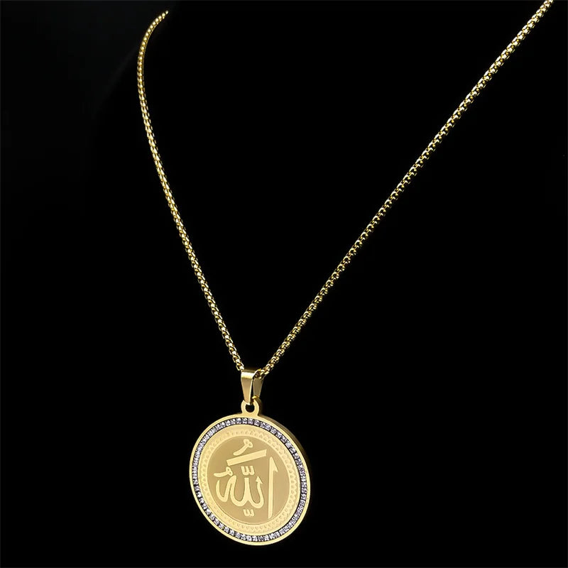 Arabic Quran Allah Medal Necklace for Women Men Rhinestone Stainless Steel Gold Color Islam Muslim Chain Jewelry collar