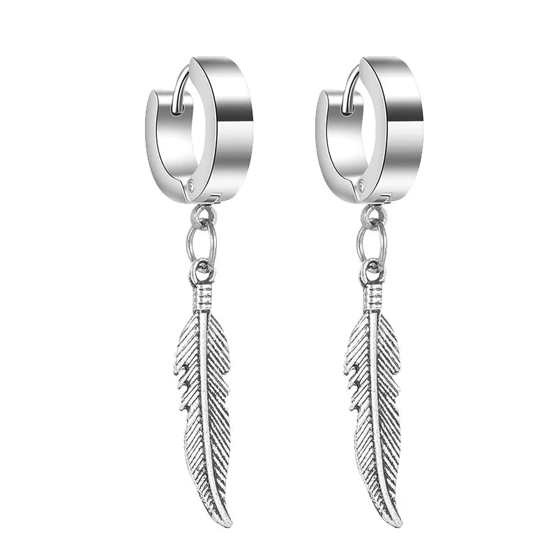 Feather Dangle Huggie Hoop Earrings for Men — Stainless Steel