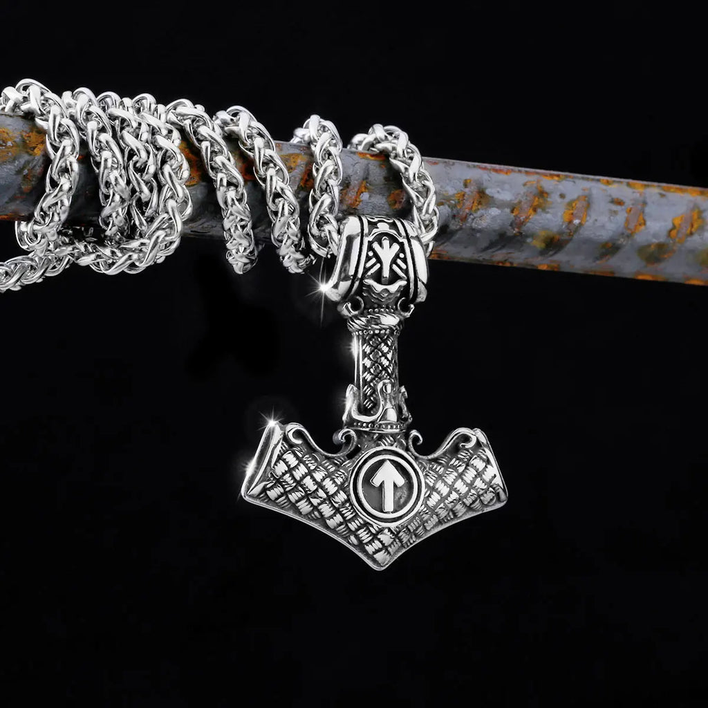 Men's Stainless Steel Thor's Hammer Viking Necklace Triangle Rune Keel Charm Fashion Pendant Necklace Amulet Jewelry