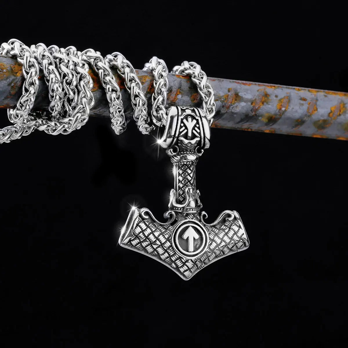 Men's Stainless Steel Thor's Hammer Viking Necklace Triangle Rune Keel Charm Fashion Pendant Necklace Amulet Jewelry