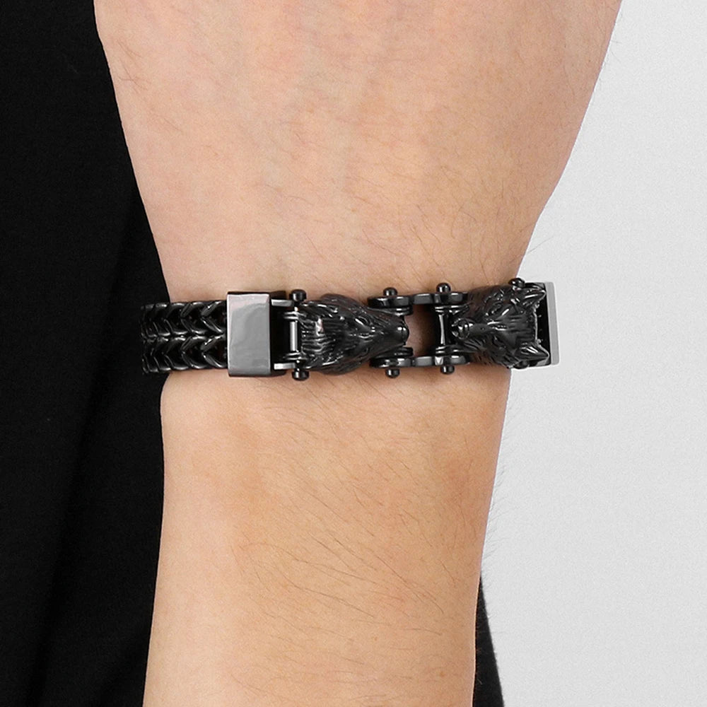 Men's Double Wolf Head Bracelets Stainless Steel Viking Jewelry Punk Rock Bicycle Chain Man Bracelet for Men 8.46" Male