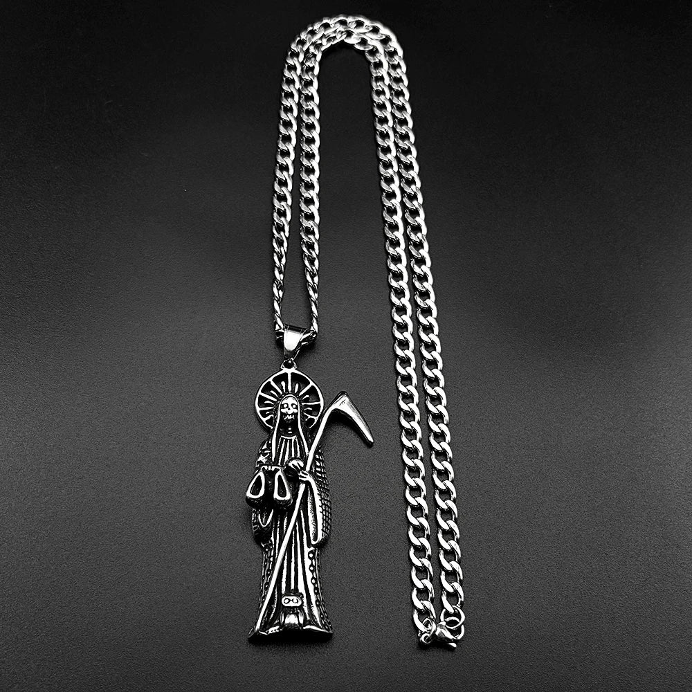 Holy Saint Death Santa Muerte Grim Reaper Pendant Necklace for Women Men Stainless Steel Silver Color Sickle Skull Jewelry Gift