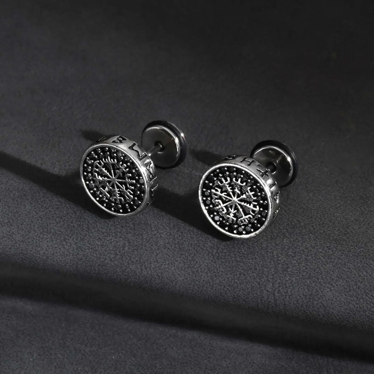 Vintage Gothic Norse Viking Stud Earrings for Men Boys, Rock Punk Runes Round Earrings, Fashion Piercing Jewelry Gift