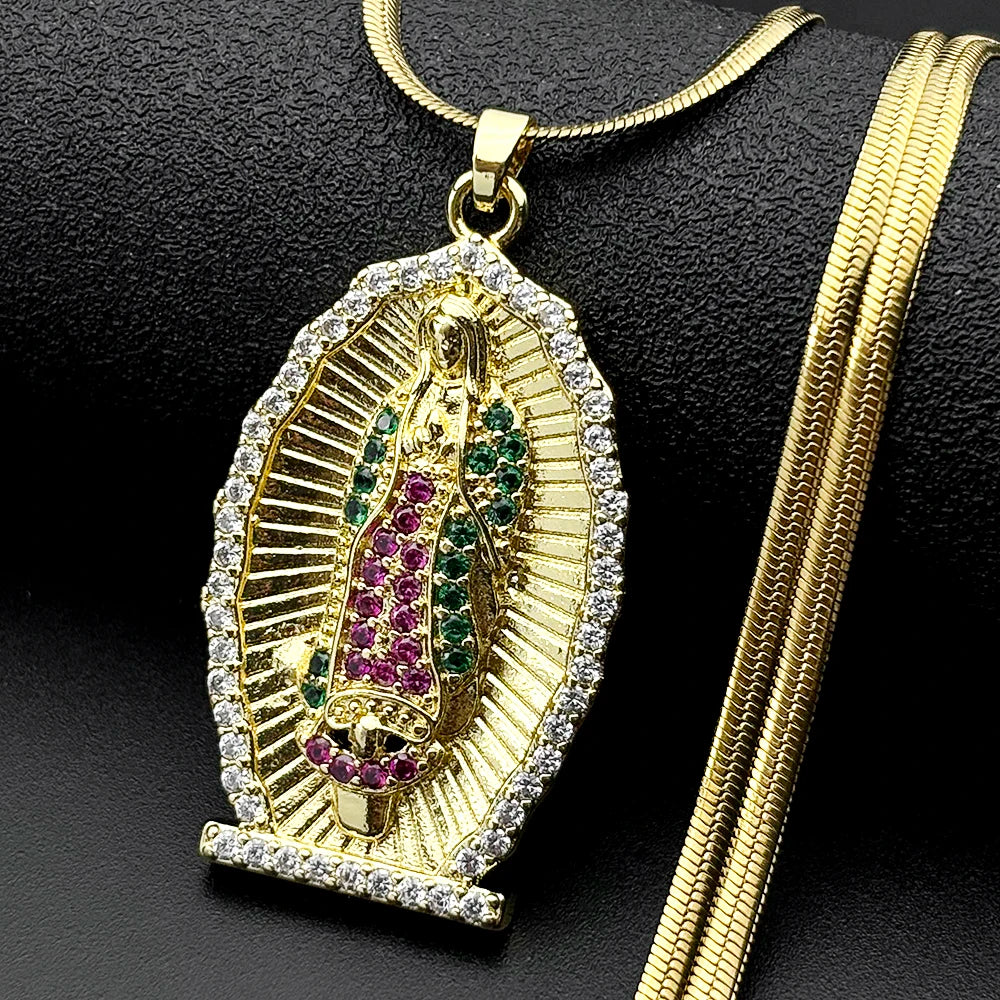 Catholic Virgin Mary Zircons Copper Pendant Necklace for Women Men Stainless Steel Gold Color Our Lady of Guadalupe