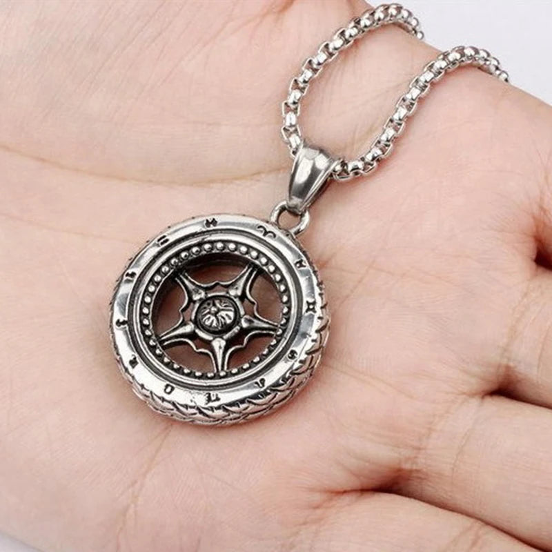 Vintage Silver Tire Pendant Necklace Stainless Steel