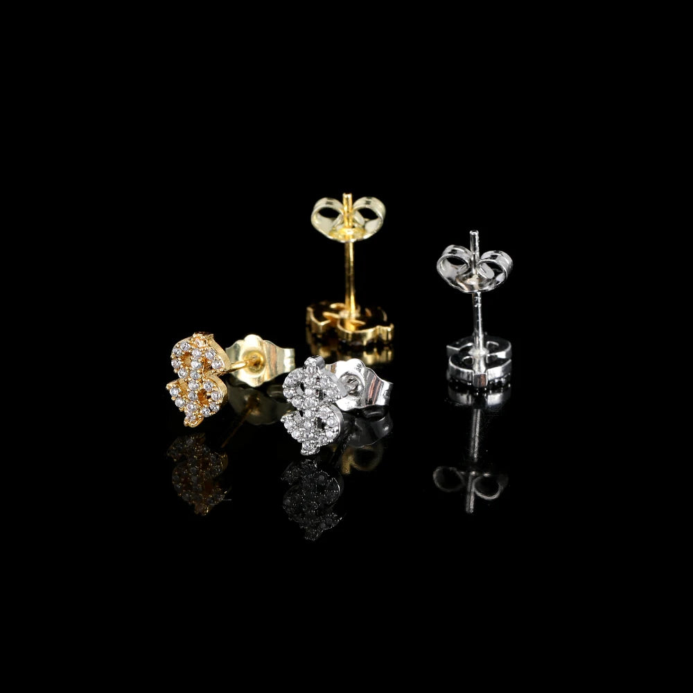 Iced Out Dollar Sign Stud Earrings Stainless Steel