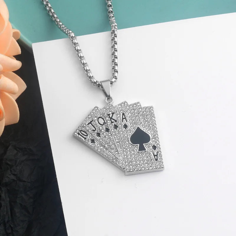 Iced Out Poker Card Steel Pendant Punk Retro