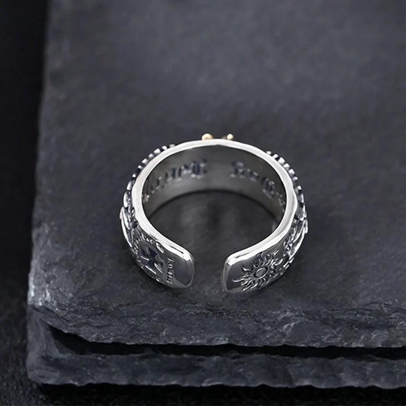 Retro Sun Wings Graffiti Ring for Men — Adjustable, Silver-Tone
