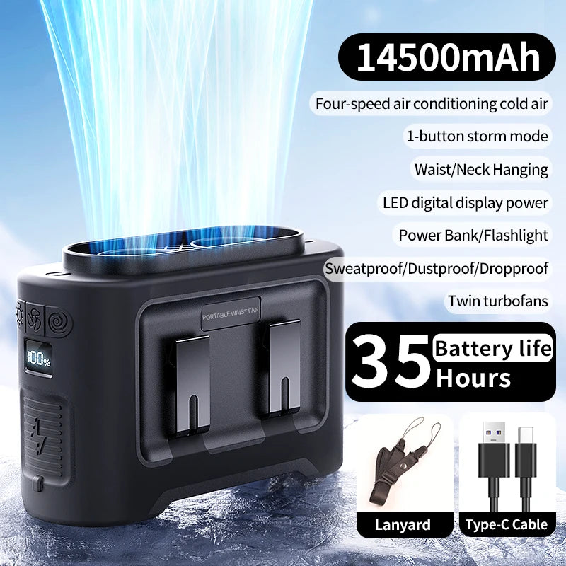 Socoolfan 14500mAh Outdoor Fan Portable Waist Hanging Neck Strong Dual Air Vents Fans for Travel Sports Courier Outdoor