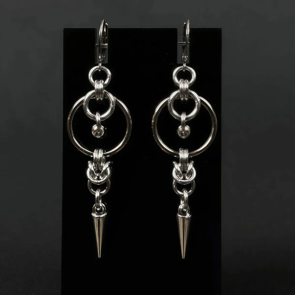 Silver-Tone Spike Rivet Tassel Double Circle Dangle Earrings