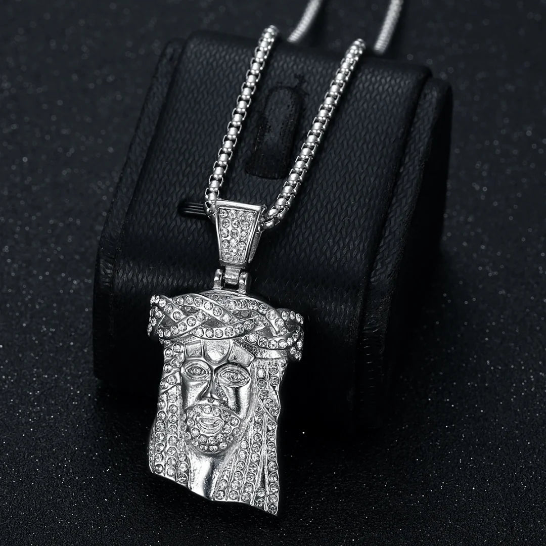 Religious Iced Out Bling Christ Jesus Head Pendant Stainless Steel Cubic Zirconia Christian Necklace for Women Men