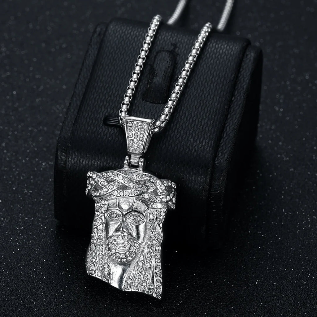 Religious Iced Out Bling Christ Jesus Head Pendant Stainless Steel Cubic Zirconia Christian Necklace for Women Men Jewelry Gift