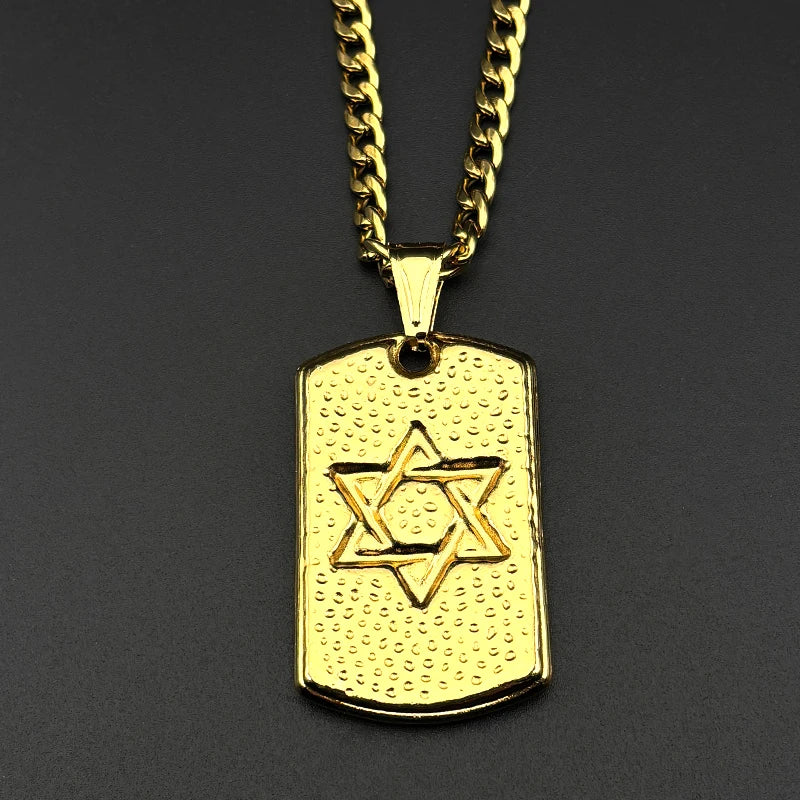 Hebrew Star of David Dog Tag Pendant Necklace for Women Men Stainless Steel Gold Silver Color Jewish Hip Hop Chain