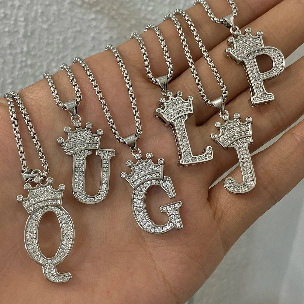 Freetry 26 Letters A-Z Zircon Crown Pendant Necklace for Women Men Punk Initial Alphabet Necklaces Hip Hop Choker Chain