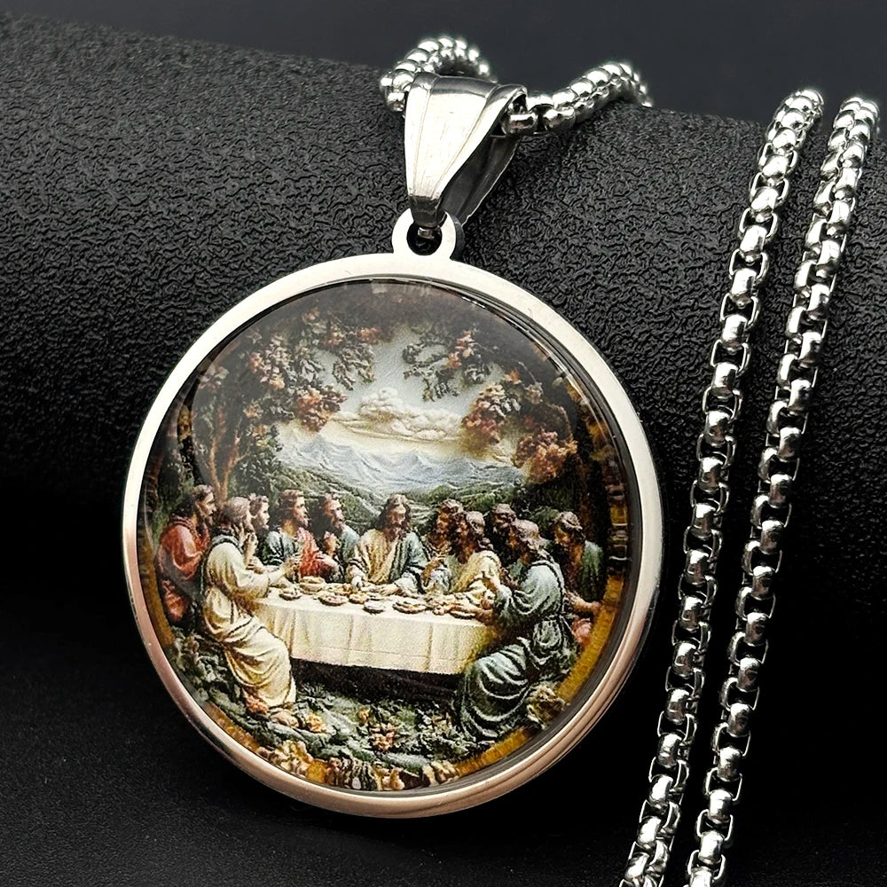 The Last Supper Twelve Apostles Glass Medal Pendant Necklace Women Men Stainless Steel Gold Color Christian Amulet