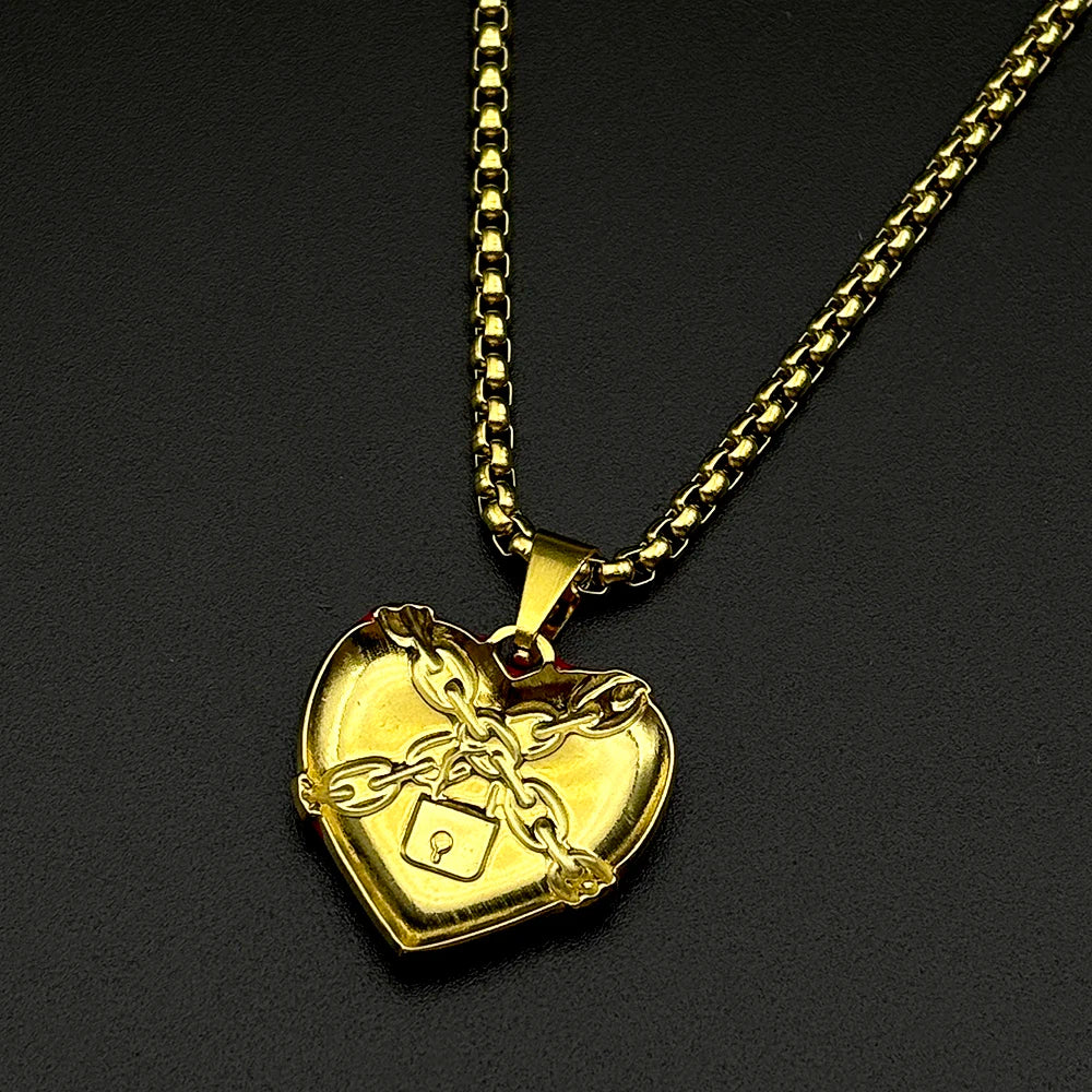 Punk Rock Lock Heart Pendant Necklace For Men Stainless Steel Cool Hip Hop Street Vintage Goth Accessories Trendy Chain Jewelry