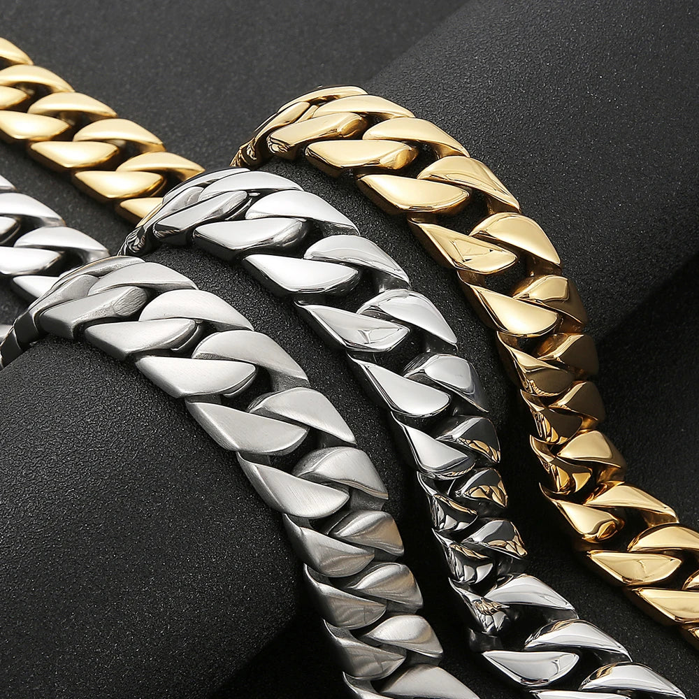 Mens Necklaces Brushed Gold Color Stainless Steel 20MM Wide Curb Chain Tight Cuban Link HipHop Neck Chains for Men