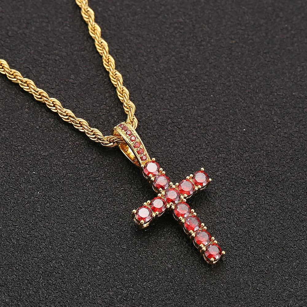 Two-Tone Iced Out Cross Pendant Red Zircon