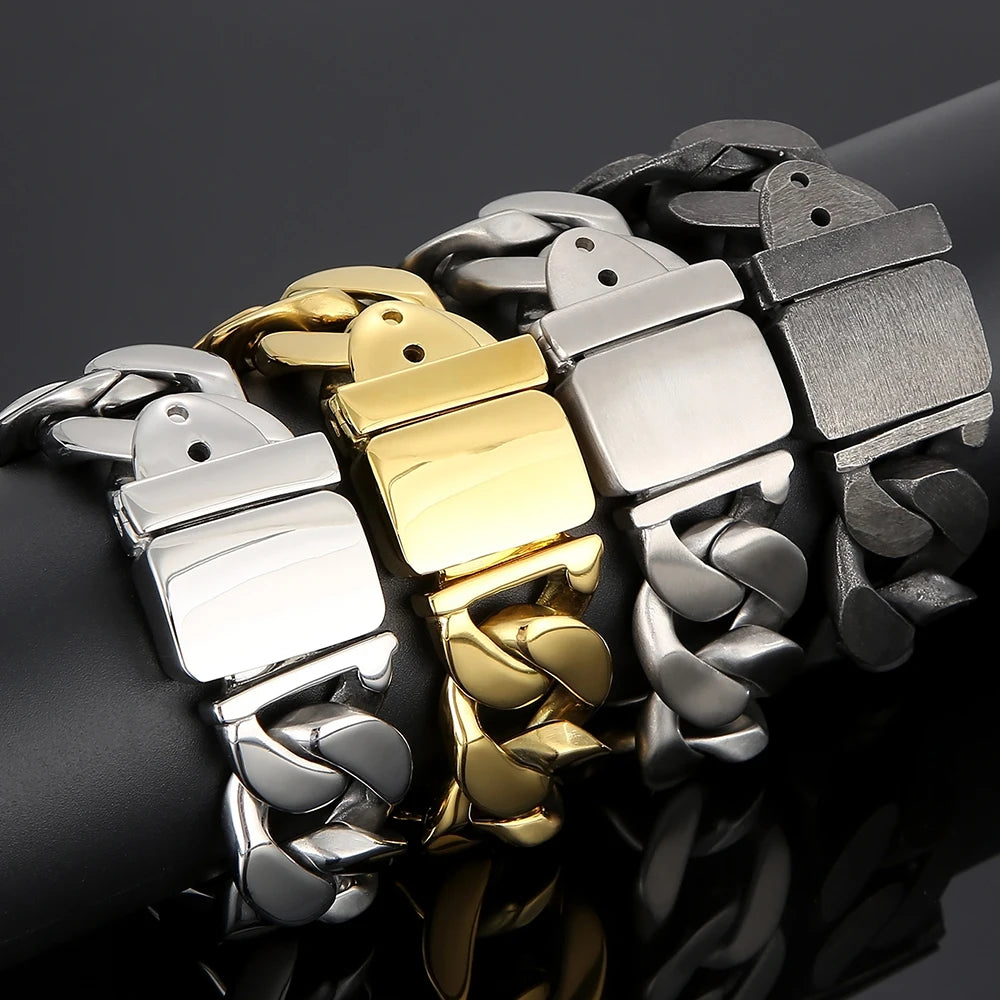 Men Bracelet for Man In Brushed Stainless Steel Luxury Gold Color 25MM Curb Link Chain Men's Bracelets On Hand Bands