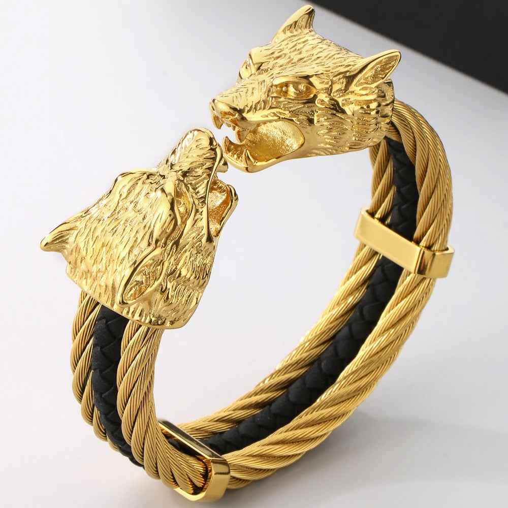 Gothic Elastic Double Wolf Face Head Open Cuff Bangle Bracelet For Man 12MM Wide Twist Chain Stainless Steel Men Men's