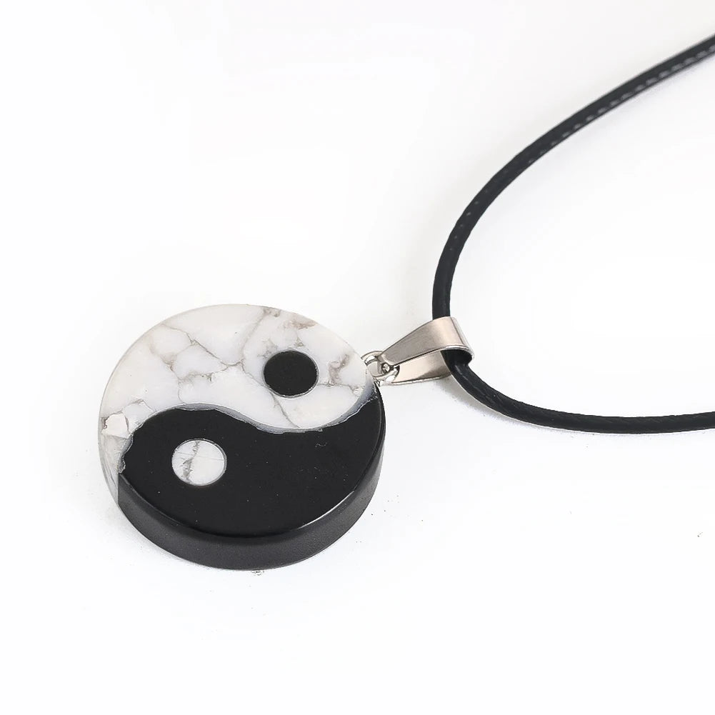 Black White Natural Obsidian Pendant Necklaces Taoism Charms Yin Yang Tai Chi Semi-precious Stone Round Bagua Jewelry