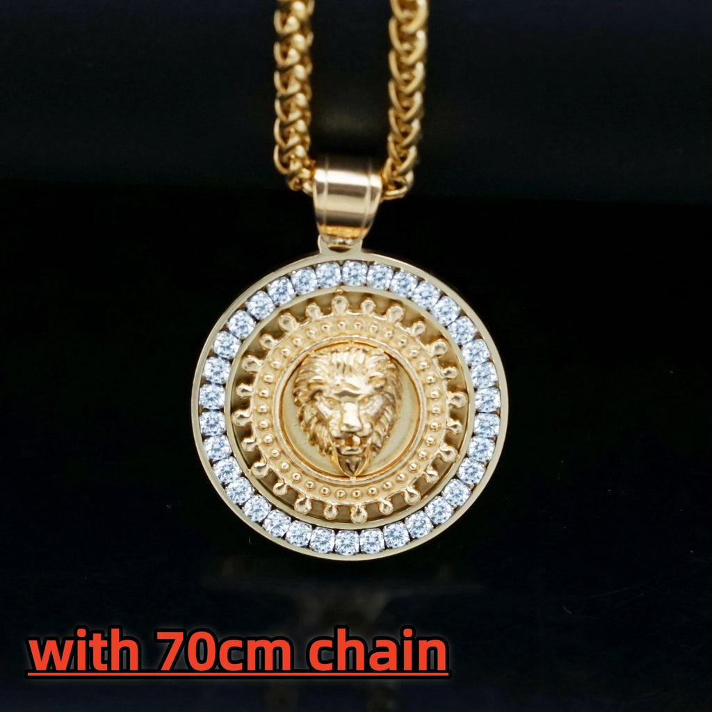 Lion Head Rhinestone Pendant Necklace — Stainless Steel