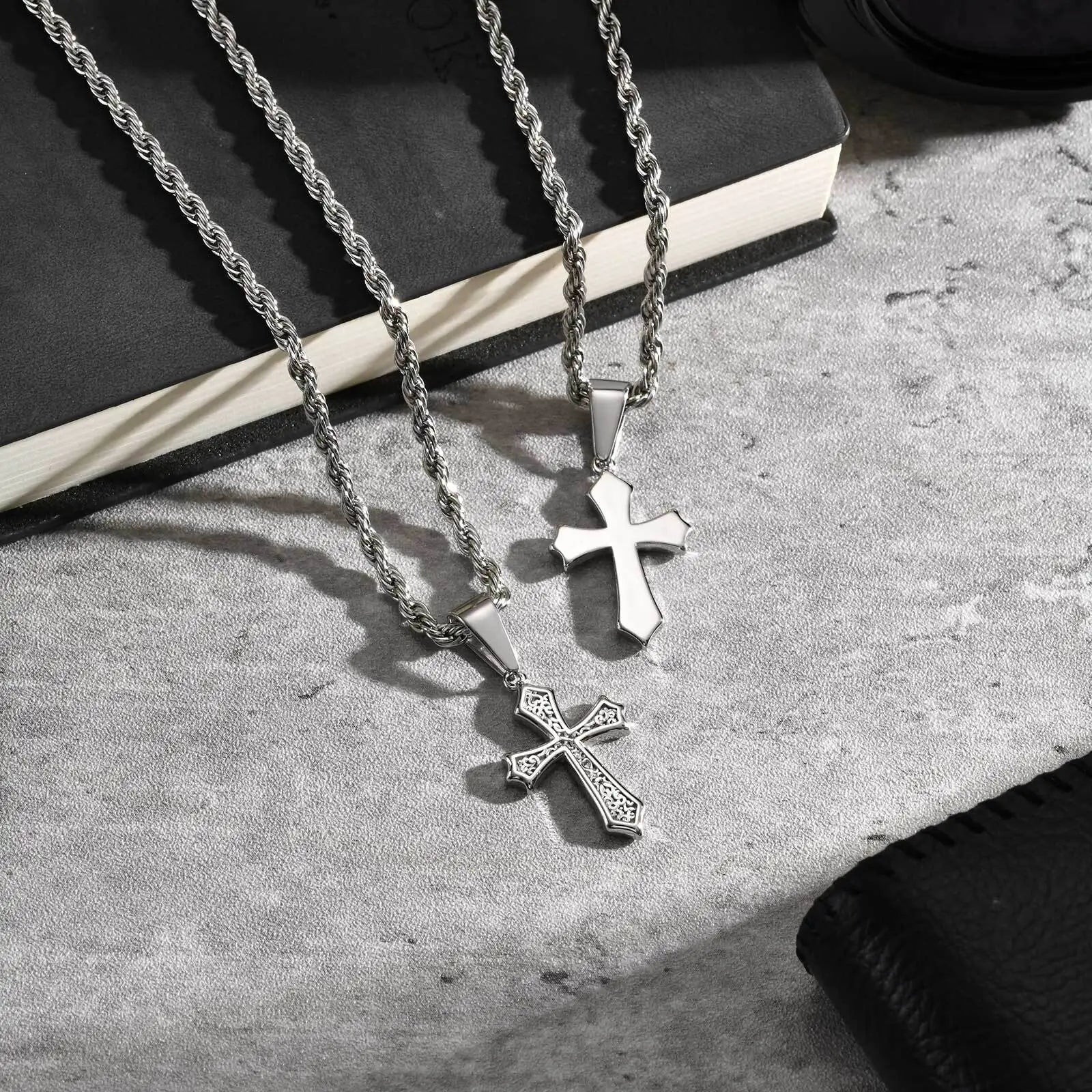 Vnox Stainless Steel Cross Pendant Necklace, 17x26mm Cross Pendant with Twisted Chain Religious Faith Jewelry Gift for
