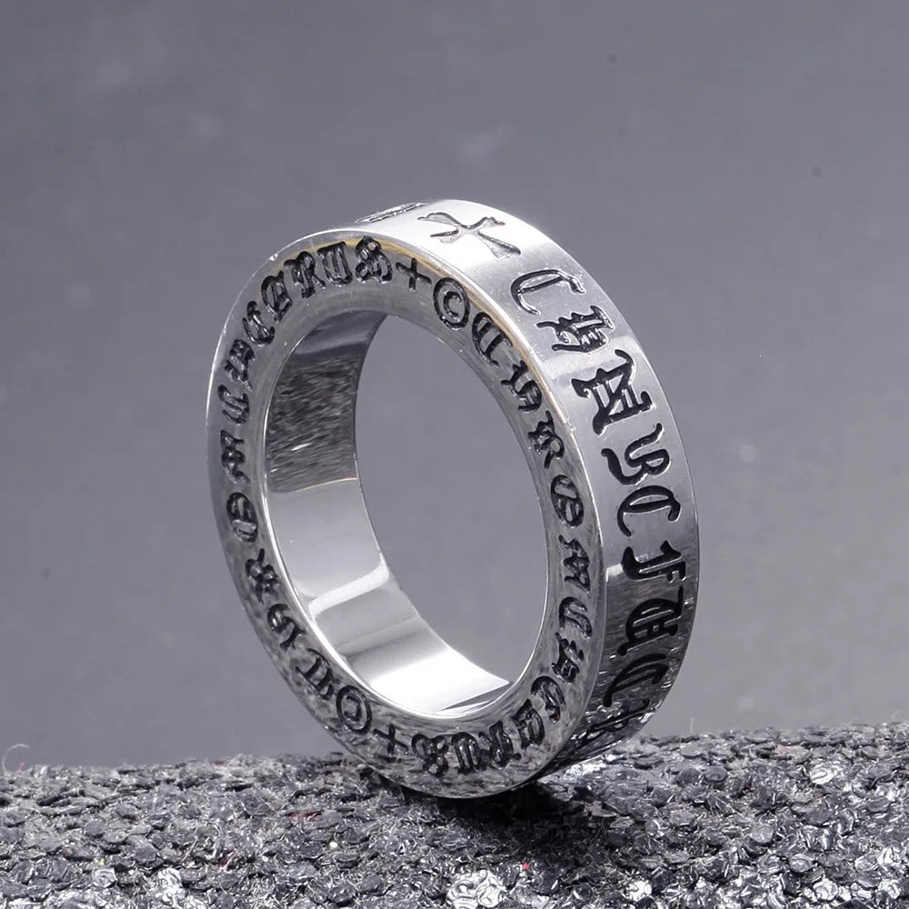 Retro Six-Character Mantra Stainless Steel Finger Ring Men Women Eternal Heart Cross Ring - Vintage Style Jewelry Accessories