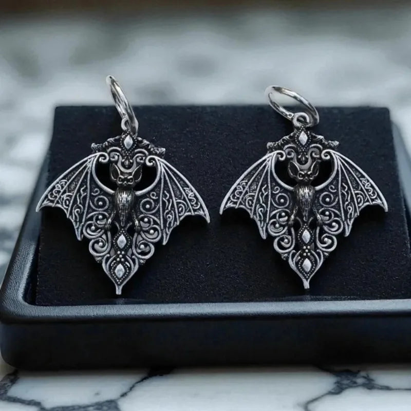 Creative Personality Silver Color Hollowed-out Vampire Bat Pendant Hoop Earrings for Women Retro Goth Halloween Vampire Jewelry