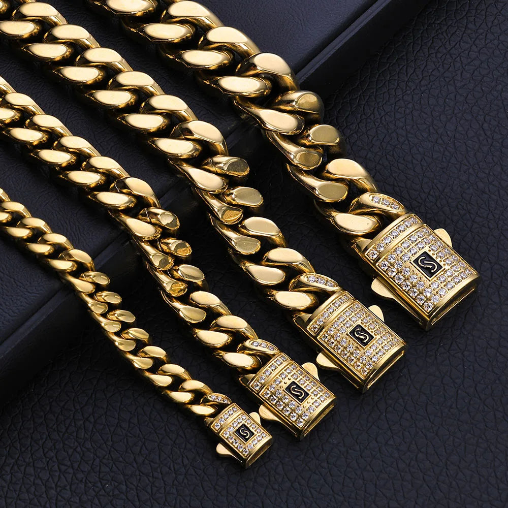 Black Cuban Bracelet Stainless Steel 14K Gold 6-13MM